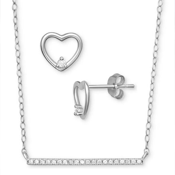 Giani Bernini 2-Pc. Set Sterling Silver CZ Bar Necklace & Heart Stud Earrings - Picture 3 of 5